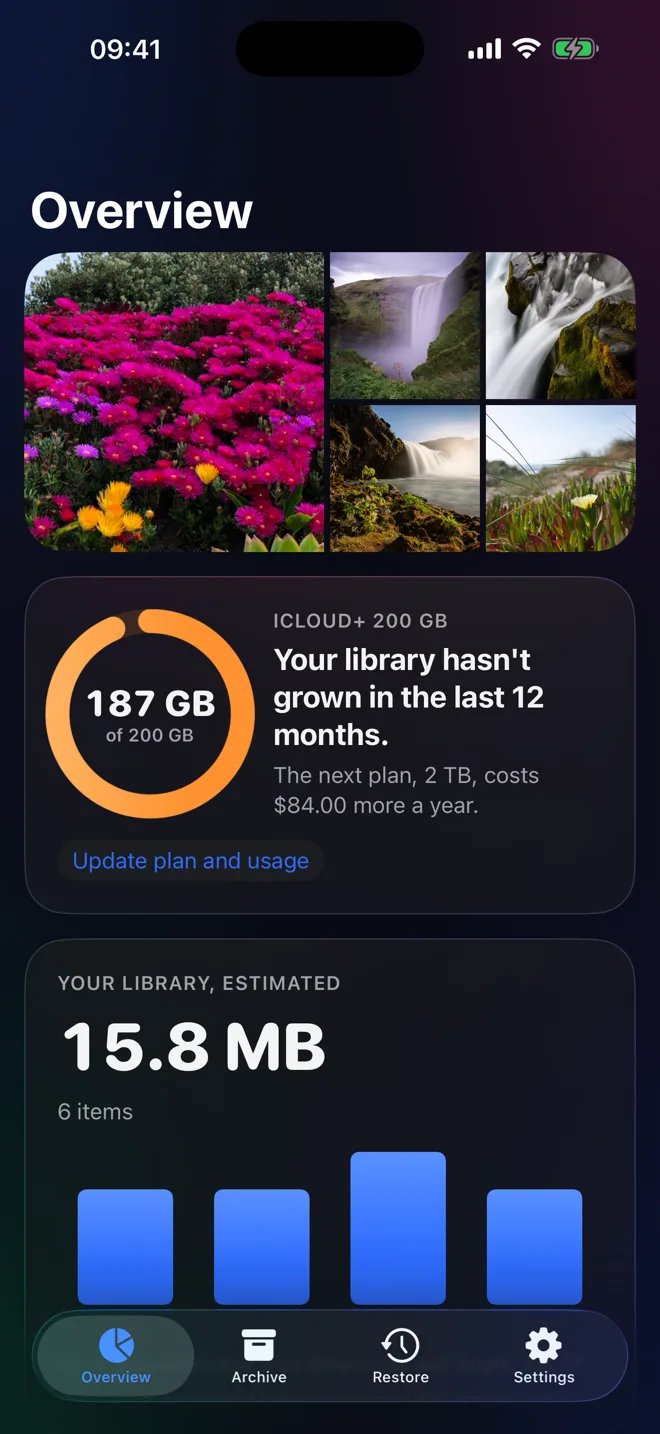 Stillkept Overview screen in dark mode