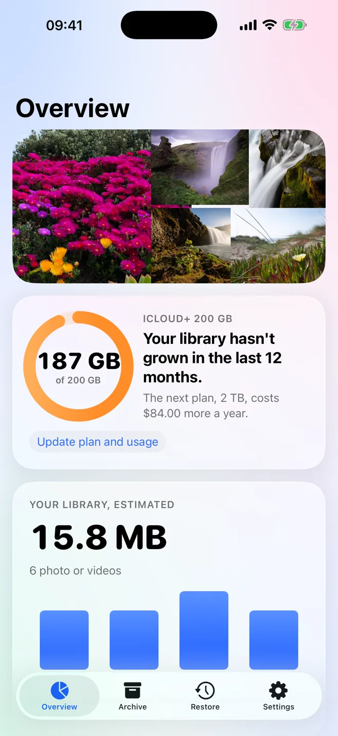 Stillkept Overview screen: iCloud storage ring at 187 of 200 GB, photo mosaic and library size by year